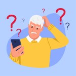 Vector illustration of an elderly man who is confused. Cartoon scene with a gray-haired man who has many questions and does not know how to use the phone isolated on a blue background.