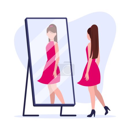 Illustration for Vector illustration of a beautiful girl looking in the mirror. Cartoon scene with a slender girl in a pink dress and heels with a high tail looking at her reflection in a mirror. - Royalty Free Image