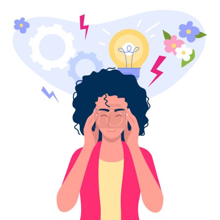 Photo for Vector illustration of mental thinking. Cartoon scene with a girl who thinks and comes up with a good idea with flowers on white background. - Royalty Free Image