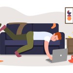 Vector illustration of laziness. Cartoon scene with a guy who lies on the couch and clothes and chips are scattered around the floor on white background.