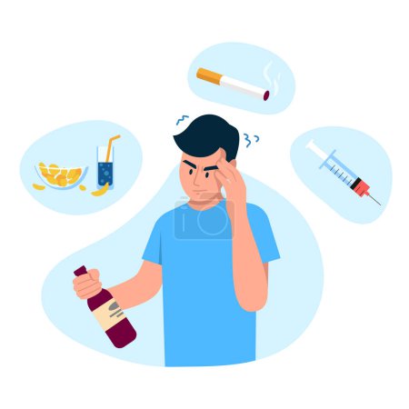 Illustration for Vector illustration of bad habits. Cartoon scene with a boy who uses a lot of harmful substances like alcohol, cigarettes, drugs and junk food on white background. - Royalty Free Image