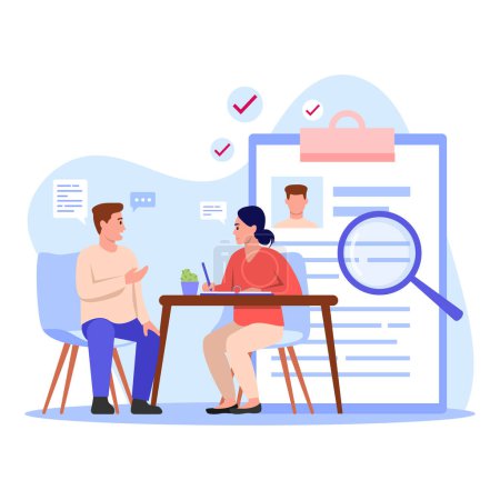 Illustration for Vector illustration of job interview. Cartoon scene with the guy who showed up for job interviews or to get into an elite college on white background. - Royalty Free Image