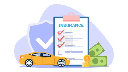 Illustration vectorielle de l'assurance automobile. Scène de bande dessinée avec une voiture qui est assurée pour tous les cas pour beaucoup d'argent sur fond blanc.