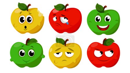 Téléchargez les illustrations : Ensemble de personnages de pomme colorés dans le style de dessin animé. Illustration vectorielle de beaux personnages de pommes jaunes, vertes et rouges avec différentes émotions : triste, pleurant, heureux, souriant, fatigué, rusé. - en licence libre de droit