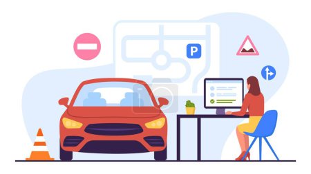 Vector illustration of a girl taking a driving test. Cartoon scene with a girl sitting at a computer and taking a driving test, a car, a parking map, road signs isolated on a white background.