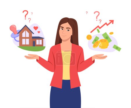 Illustration for Vector illustration of a girl choosing a family or a career. Cartoon scene with a girl who chooses between family responsibilities and career growth isolated on a white background. Balance in life. - Royalty Free Image