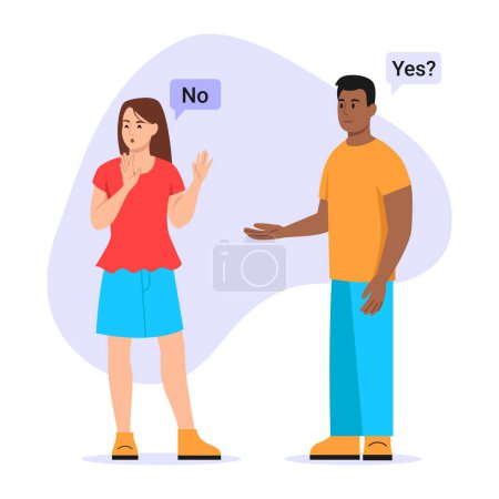 Illustration for Vector illustration of a girl rejecting a guy. Cartoon scene of a girl saying no to a guy isolated on a white background. Yes or no concept. Couple with different emotions. - Royalty Free Image