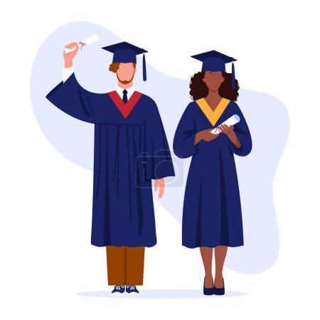 Illustration for Vector illustration of masters boy and girl. Cartoon graduation scene students in academic clothes: robes and graduation cap with diplomas on white background. Prom. - Royalty Free Image