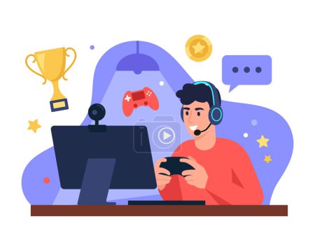 Photo for Vector illustration of a guy playing video games. Cartoon scenes with a smiling guy sitting in headphones at a computer, holding a joystick and playing video games, will receive awards, pass levels. - Royalty Free Image
