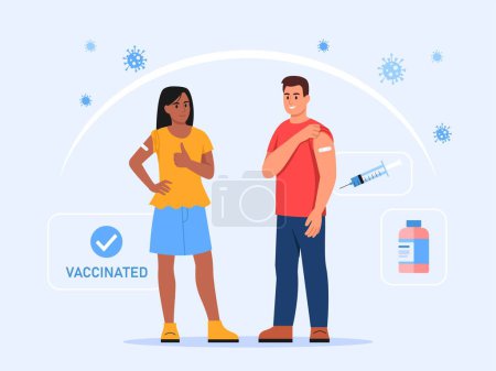 Vector illustration of vaccinating people. Cartoon scene with boy and girl getting vaccinated against Covid - 19, flu, viruses and infections with plasters on hands, syringe and bottle of vaccine.