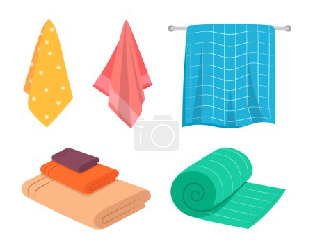 Photo for Set of colored towels in a cartoon style. Vector illustration of a variety of soft bath towels, a hanging towel, a stack of towels rolled up isolated on a white background. Towel for hygiene, kitchen. - Royalty Free Image