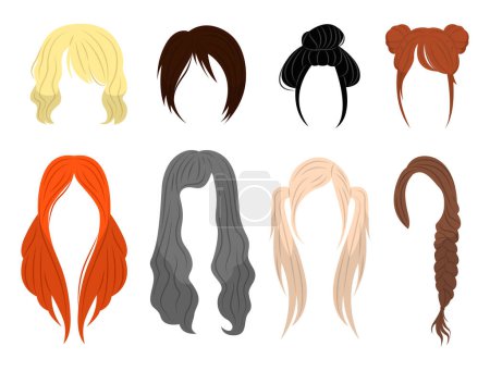 Conjunto de hermosos peinados en estilo de dibujos animados. Ilustración vectorial de varios peinados femeninos con cabello corto y largo: cabello liso, ondulado, con bollos, coletas, colas aisladas sobre un fondo blanco.