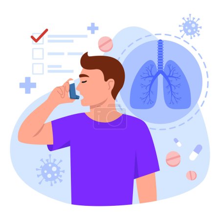 Vektorillustration von Asthma bronchiale. Cartoon-Szene mit einem Mann, der gegen Asthma bronchiale inhaliert, einem allergischen Anfall isoliert auf weißem Hintergrund. Weltasthma- und Allergietag.