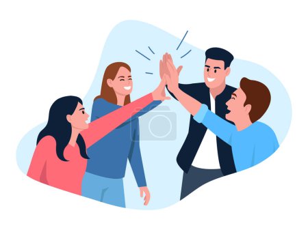 Vector illustration of friends giving a high five. Cartoon scene with a smiling team of boys and girls giving high fives isolated on white background. A team of friends.