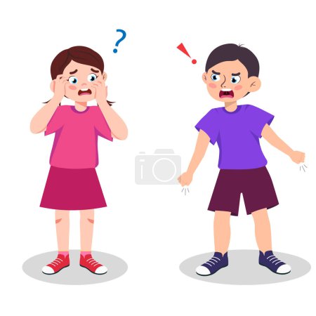 Illustration for Vector illustration of child bullying. Cartoon scene of an angry boy yelling at a girl isolated on a white background. Question mark and exclamation mark. - Royalty Free Image