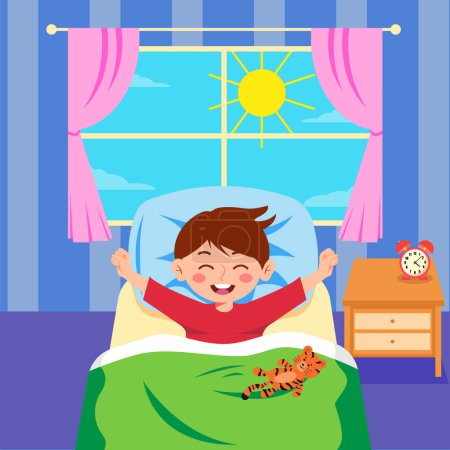 Ilustración vectorial de un chico lindo que se despertó por la mañana. Una escena de dibujos animados con un niño sonriente que se despertó en la cama en una habitación con una ventana, una mesita de noche con un reloj despertador aislado en un blanco.