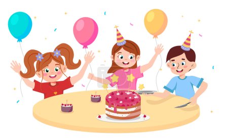 Photo for Vector illustration of cute and happy children celebrating birthdays. Cartoon scene with smiling, joyful boy and girl sitting at the table with cake and colorful balloons isolated on white background. - Royalty Free Image
