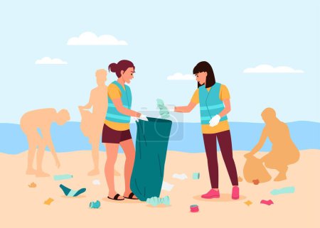 Vektorillustration von Menschen, die einen verschmutzten Strand reinigen. Karikaturenszene mit einem verschmutzten Strand, Silhouetten von Menschen und Frauen in Westen, die Müll sammeln: Flaschen, farbige Umschläge in Müllsäcken.