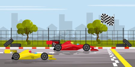 Photo for Vector illustration of race start. Cartoon race track with car, start flag, spare tires with the city in the background. - Royalty Free Image