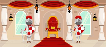 Photo for Vector illustration of modern interior throne room. Cartoon interior with throne, king's crown, red carpet, knights' armor, old lamps. - Royalty Free Image