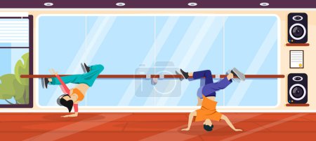 Illustration for Vector illustration of modern interior dance schools. Cartoon interior with practicing dancers, mirror, large speakers, certificate, window with access to the city. - Royalty Free Image