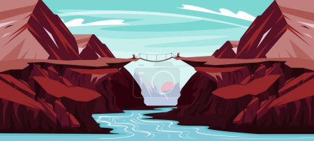 Illustration for Vector illustration of a beautiful bridge over the canyon. Cartoon mountains landscape with a river in the middle of a canyon through which an old wooden bridge passes. - Royalty Free Image
