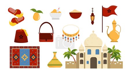 Illustration for Set of equipment in Arab countries in cartoon style. Vector illustration of Arabic slippers, hats, jugs, vases, bags, rugs, necklaces, lamps, spices, morocco flag, castle or temple white background. - Royalty Free Image