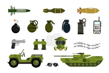 Set of various types of military weapons and equipment in a cartoon style. Vector illustration of rockets, bombs, grenades, pistol, gas mask, binoculars, military vehicle, tank, isolated on white.