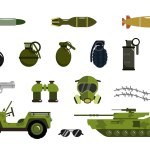 Set of various types of military weapons and equipment in a cartoon style. Vector illustration of rockets, bombs, grenades, pistol, gas mask, binoculars, military vehicle, tank, isolated on white.