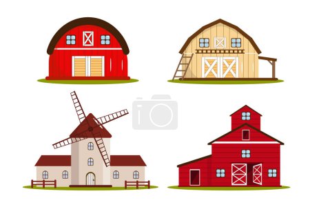 Illustration for Set of different barns, mill in cartoon style. Vector illustration of wooden farm houses, barns for grain storage, mill to grind grain isolated on white background. - Royalty Free Image