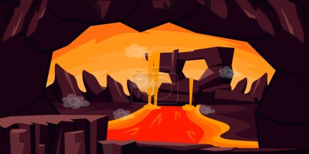 Illustration for Vector illustration of a beautiful cave with molten lava. Cartoon scene with a bright fantastic landscape of a mountain cave, orange sky, molten volcanic lava, steam pools, rocks, cliffs. - Royalty Free Image