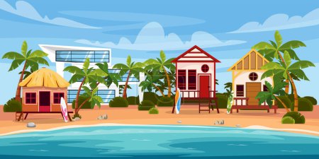 Ilustración vectorial de un hermoso paisaje de vacaciones de verano. Paisaje tropical de dibujos animados con bungalow, villa moderna, palmeras, tablas de surf, piedras, mar. Casas de vacaciones en una isla cerca del océano.