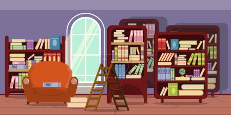 Photo for Vector illustration of modern interior home library. Cartoon interior with shelves of ancient books, stairs, armchair. - Royalty Free Image