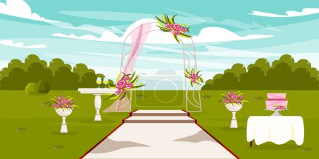 Illustration for Vector illustration of wedding ceremony. Cartoon landscape with wedding arch, champagne, wedding cake, flowers, path for young. - Royalty Free Image