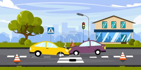 Illustration vectorielle d'un accident de voiture. Caricature urbaine accident impliquant des voitures en feu, perdant leurs roues et s'écrasant à un passage pour piétons avec la ville en arrière-plan.