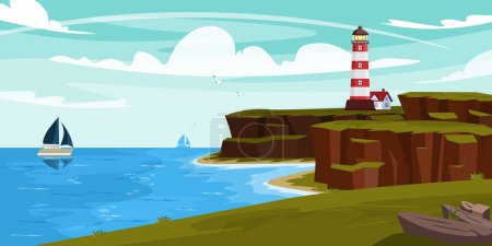Photo for Vector illustration of coastal lighthouse. Cartoon sea landscape with lighthouse on the slope, sheer cliffs, ships in the sea, seagulls. - Royalty Free Image