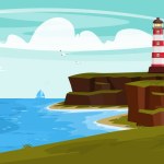 Vector illustration of coastal lighthouse. Cartoon sea landscape with lighthouse on the slope, sheer cliffs, ships in the sea, seagulls.