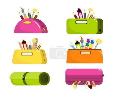 Illustration for Set of colorful pencil boxes for drawing in cartoon style. Vector illustration of pencil cases with paints, pencils, felt-tip pens, rulers, brushes for drawing on white background. - Royalty Free Image