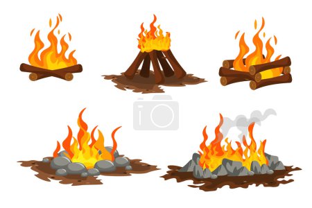 Photo for Set of different campfires in cartoon style. Vector illustration of fire for camping on wood and stones on white background. - Royalty Free Image