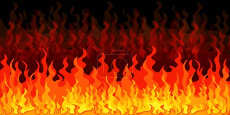 Fire background in cartoon style. Vector illustration of beautiful burning, bright hot yellow, orange, red flame fire isolated on black background. Fire concept.
