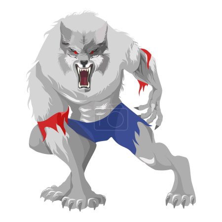 Illustration for Vector illustration of an angry werewolf isolated on white background. Cartoon scene of an evil and scary werewolf wolf with red eyes, open mouth, claws, fur. Mythological creature. - Royalty Free Image