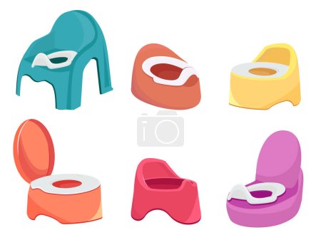 Illustration for Set of colored children's pots in cartoon style. Vector illustration of different shapes and sizes of pots for children: a pot - a chair, anatomical, with lids, isolated on a white background. - Royalty Free Image