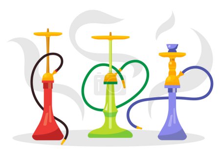 Illustration for Set of colored hookahs with puffs of smoke in cartoon style. Vector illustration of different hookahs with bowl, plate, cap, flask and shaft isolated on white background. Hookahs for smoking. - Royalty Free Image