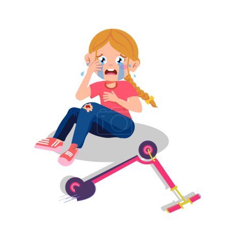 Ilustración de Ilustración vectorial de una niña llorando desde una rodilla rota por caerse de un scooter. Una escena de dibujos animados con una niña llorando por el dolor de una rodilla rota aislada sobre un fondo blanco. - Imagen libre de derechos