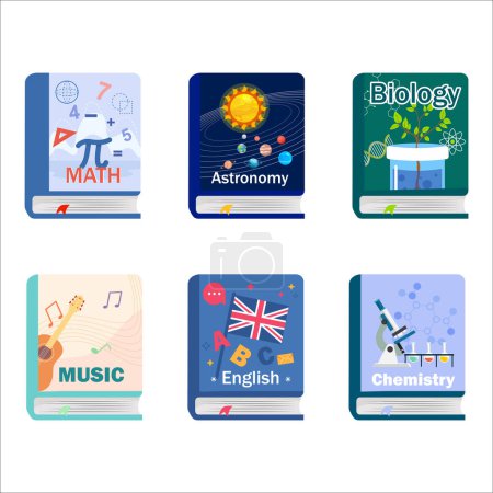Illustration for Set of colorful school textbooks in cartoon style. Vector illustration of different textbooks for students: mathematics, astronomy, biology, music, English, chemistry isolated on white background. - Royalty Free Image