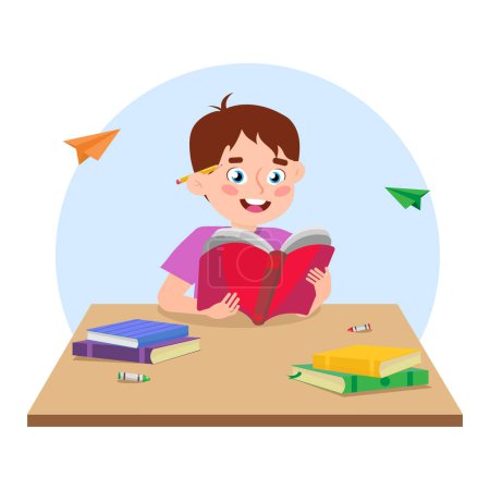 Illustration for Vector illustration of a boy who likes to read. Cartoon scene of a smiling boy sitting at a table with stacks of books and holding an open book in his hands and taking notes isolated on background. - Royalty Free Image