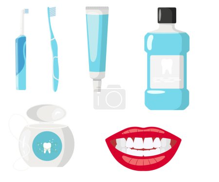 Illustration for Set of oral care tools in cartoon style. Vector illustration of dental hygiene tools: electric toothbrush, regular brush, mouthwash, toothpaste, dental floss, smile with white teeth. - Royalty Free Image