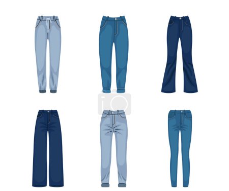 Ensemble de pantalons pour femmes à la mode, jeans en style dessin animé. Illustration vectorielle de différents types de pantalons élégants pour femmes : sport, jeans, cloches, skinny, coupe droite isolée sur fond blanc.
