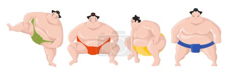 Téléchargez les illustrations : Ensemble de lutteurs de sumo en style dessin animé. Illustration vectorielle de combattants sumo japonais traditionnels dans différentes poses et émotions isolés sur fond blanc. - en licence libre de droit