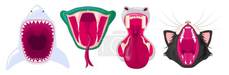 Illustration for Set of colored animal jaws in cartoon style. Vector illustration of jaws of various animals with tongues, fangs, claws: shark, snake, hippopotamus, cat isolated on white background. - Royalty Free Image